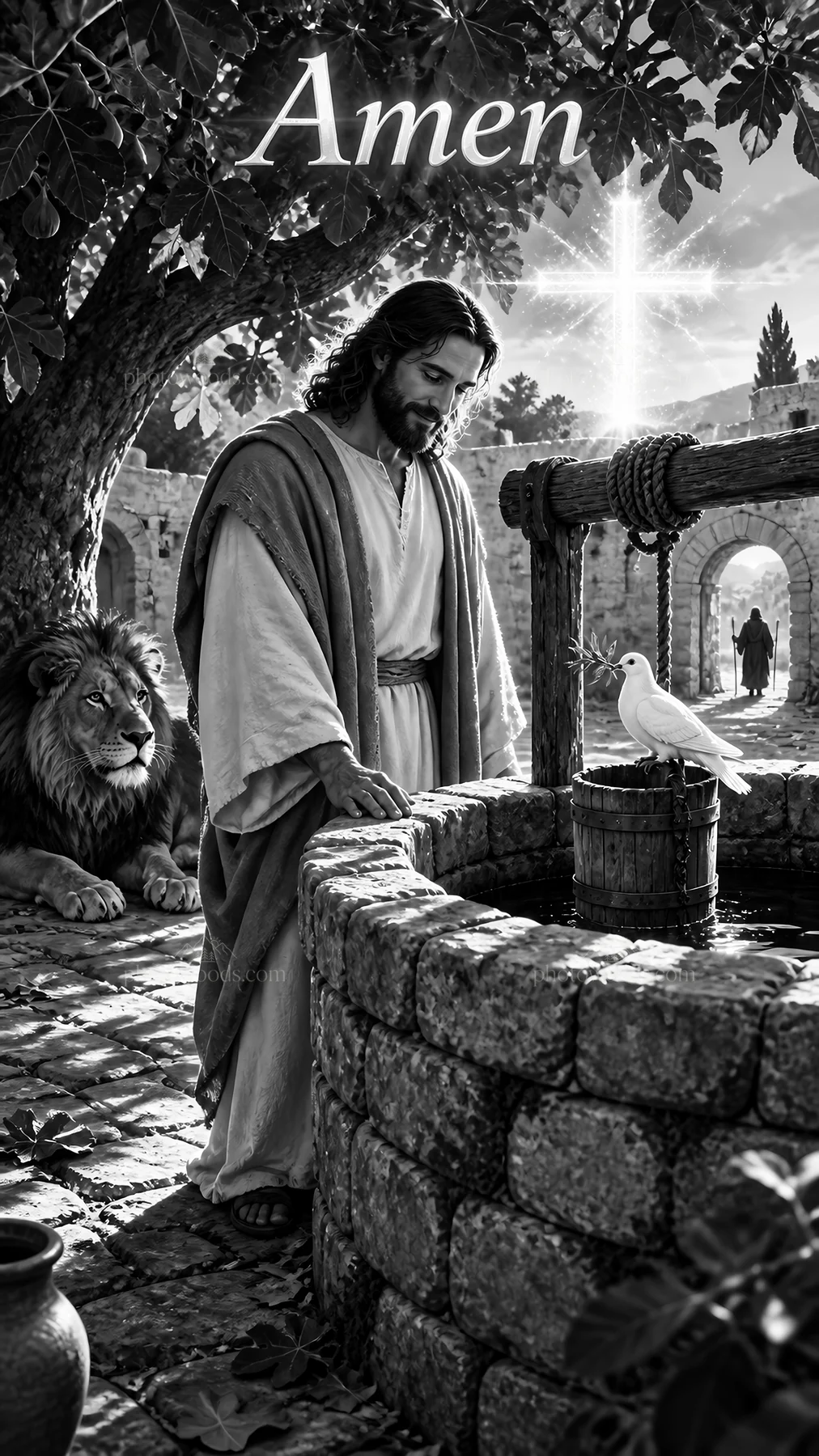 Jesus Christ near a well with a dove and a lion - AI-generated stock image