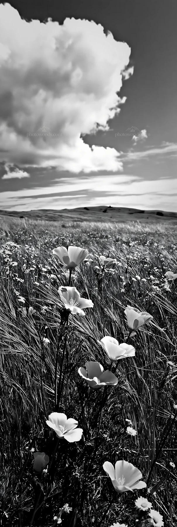 Regenerative meadow with flowers under a cloudy sky - AI-generated stock image
