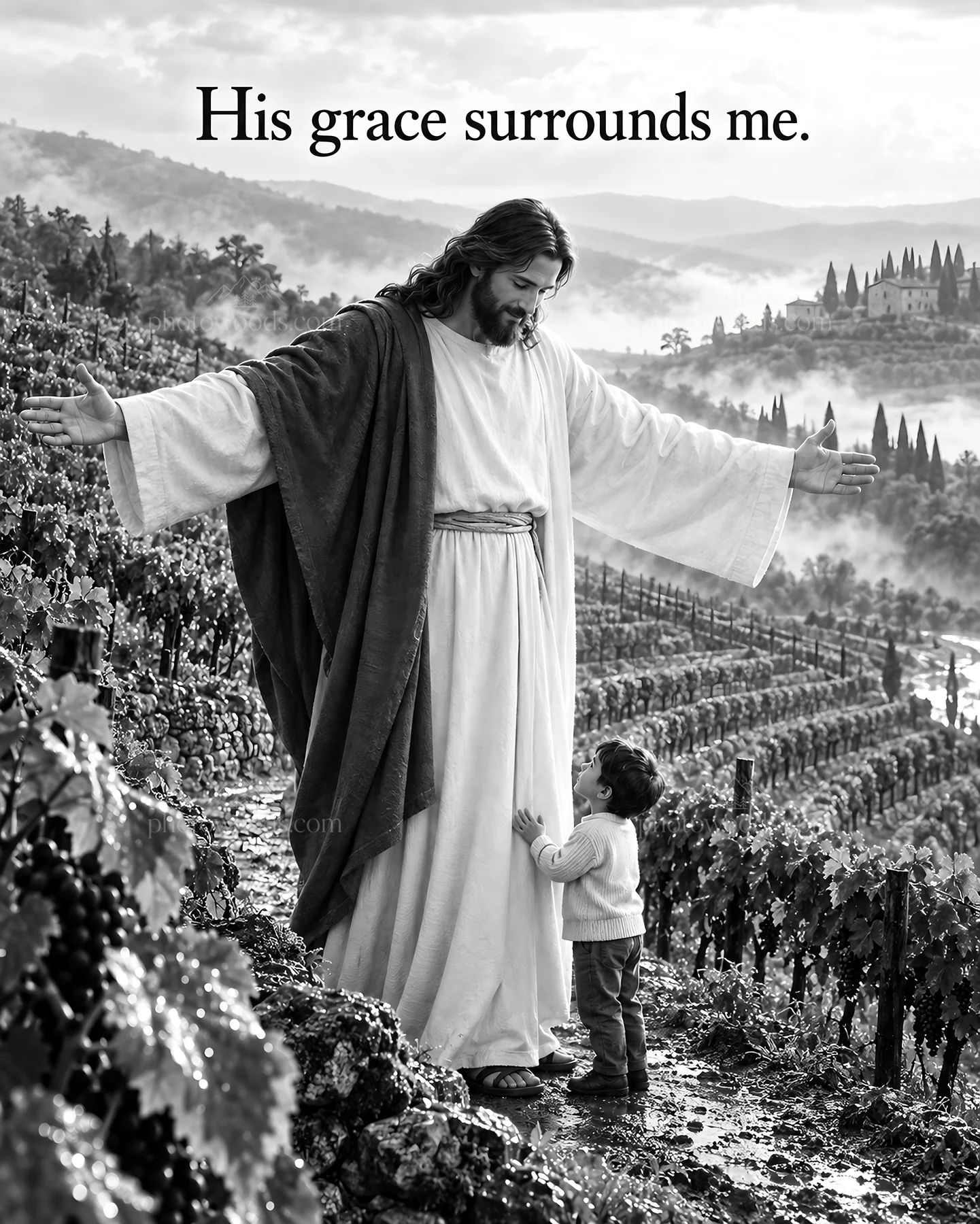 Jesus Christ embracing a child in a vineyard setting - AI-generated stock image