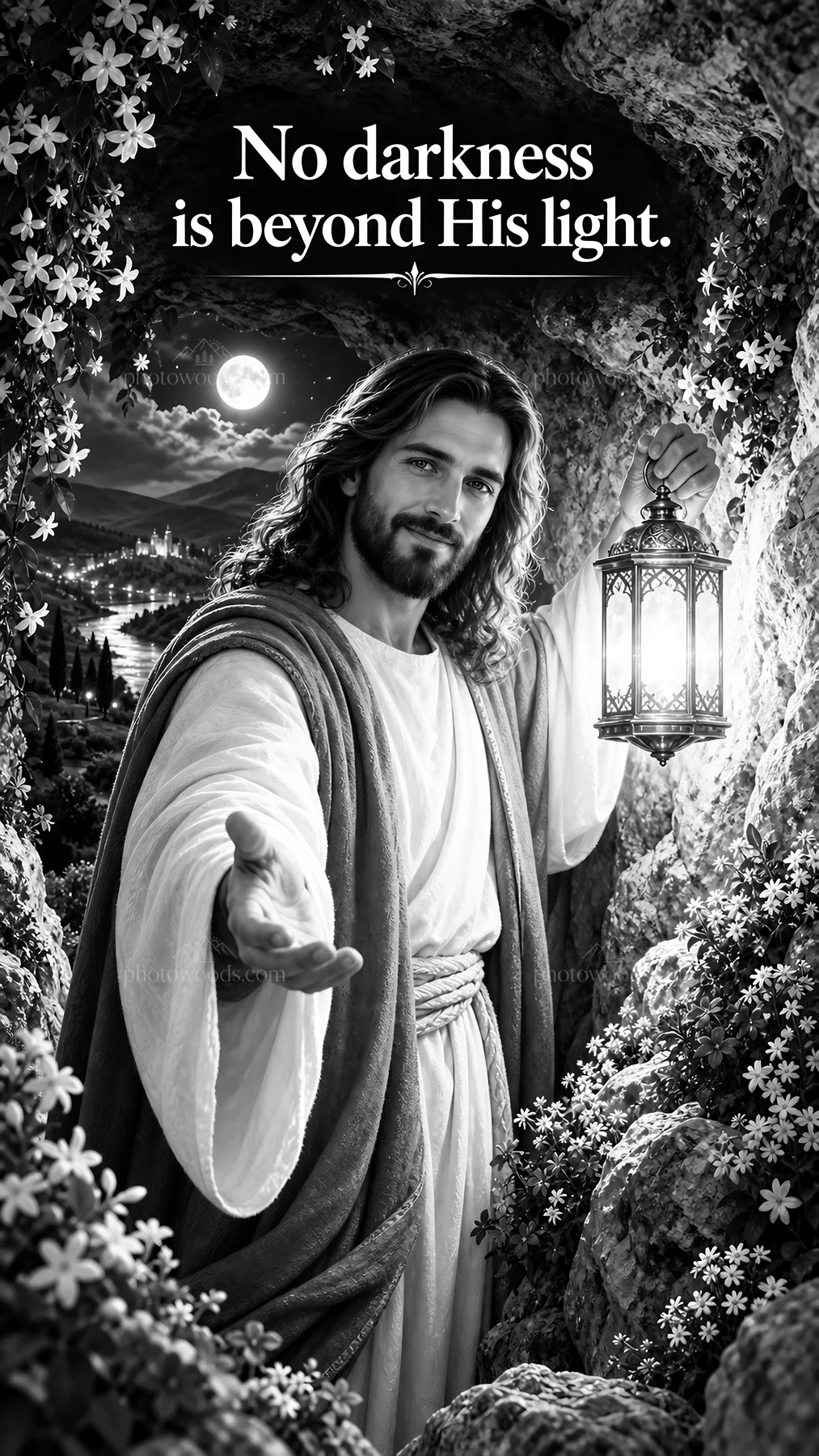 Jesus Christ welcoming with light in a dark setting - AI-generated stock image