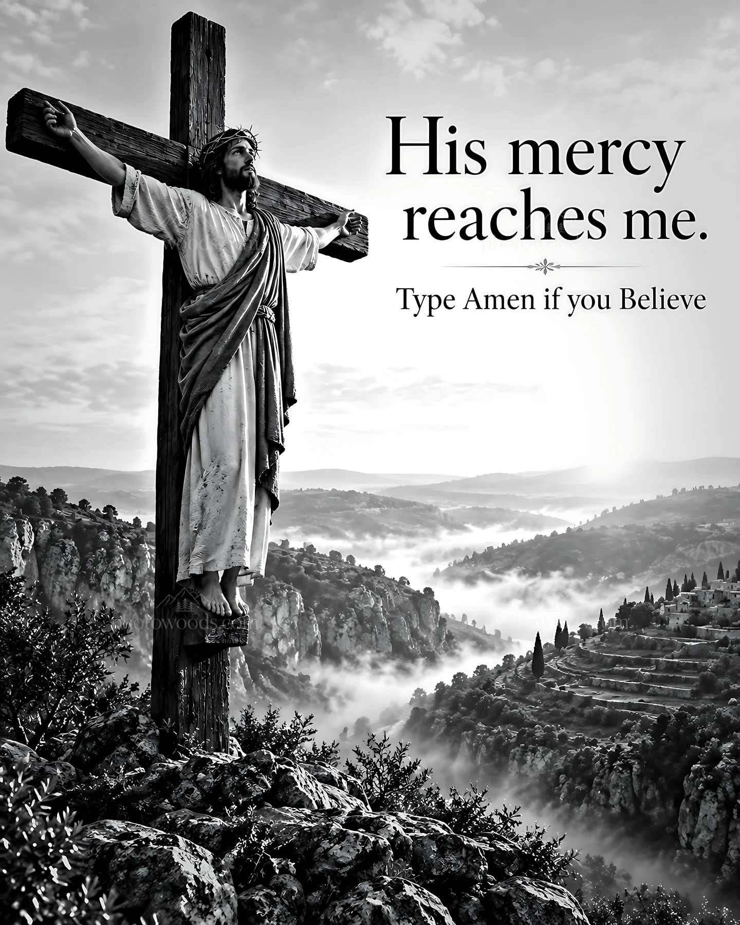 Mercy above the valley with a cross and figure - AI-generated stock image