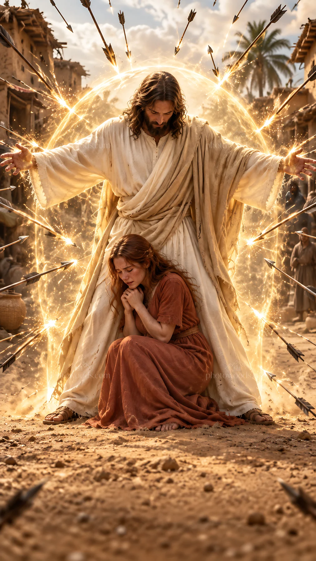 Jesus Christ protects a woman in a moment of need - AI-generated stock image