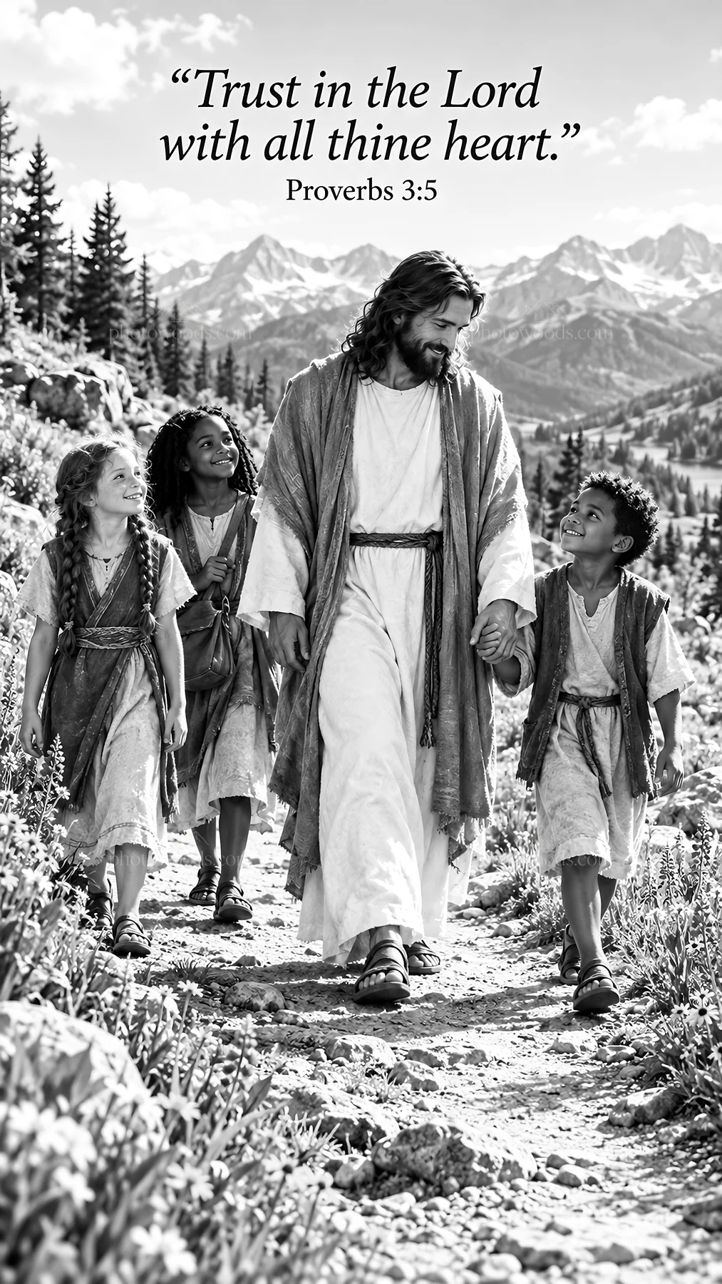 Jesus Christ walking with children on a mountain path - AI-generated stock image