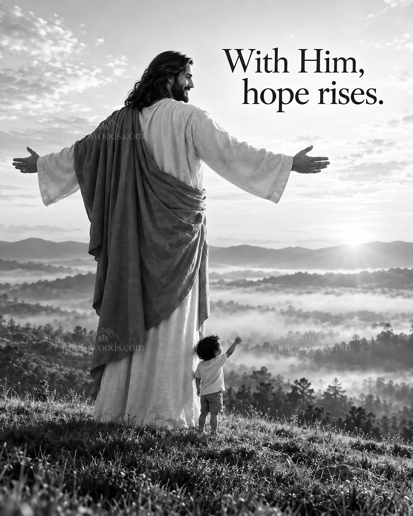 Jesus Christ offers hope in a natural landscape - AI-generated stock image