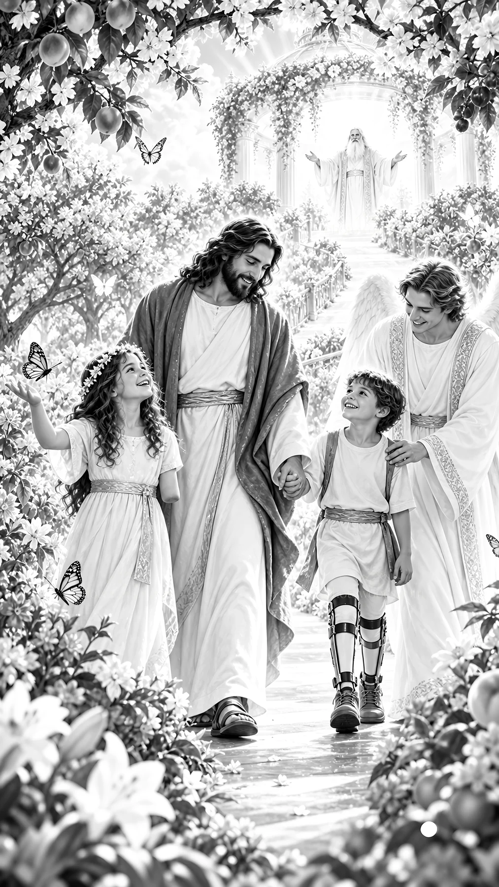 Jesus Christ walking with children in a garden - AI-generated stock image