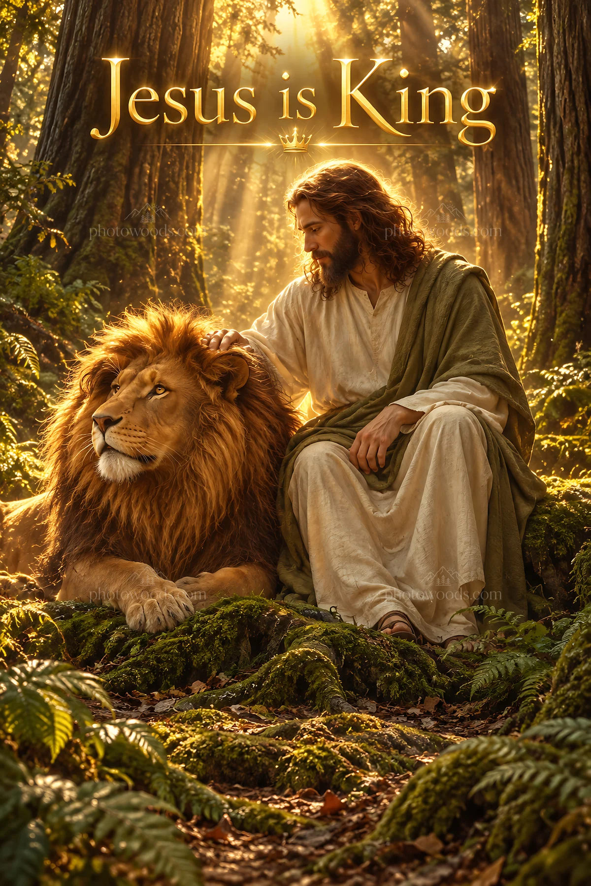 Jesus Christ comforting a lion in a forest setting - AI-generated stock image