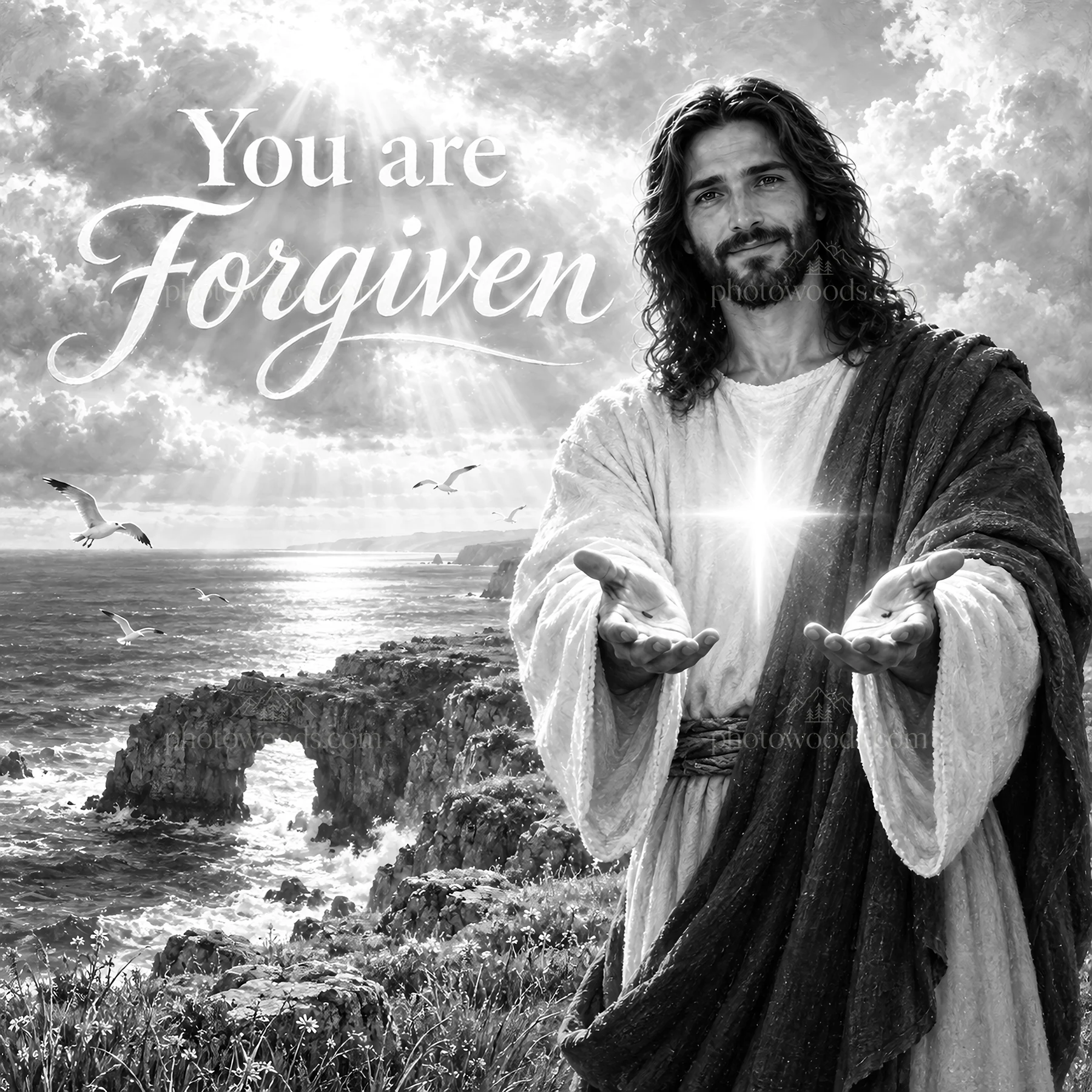 Jesus Christ offers forgiveness near the sea - AI-generated stock image