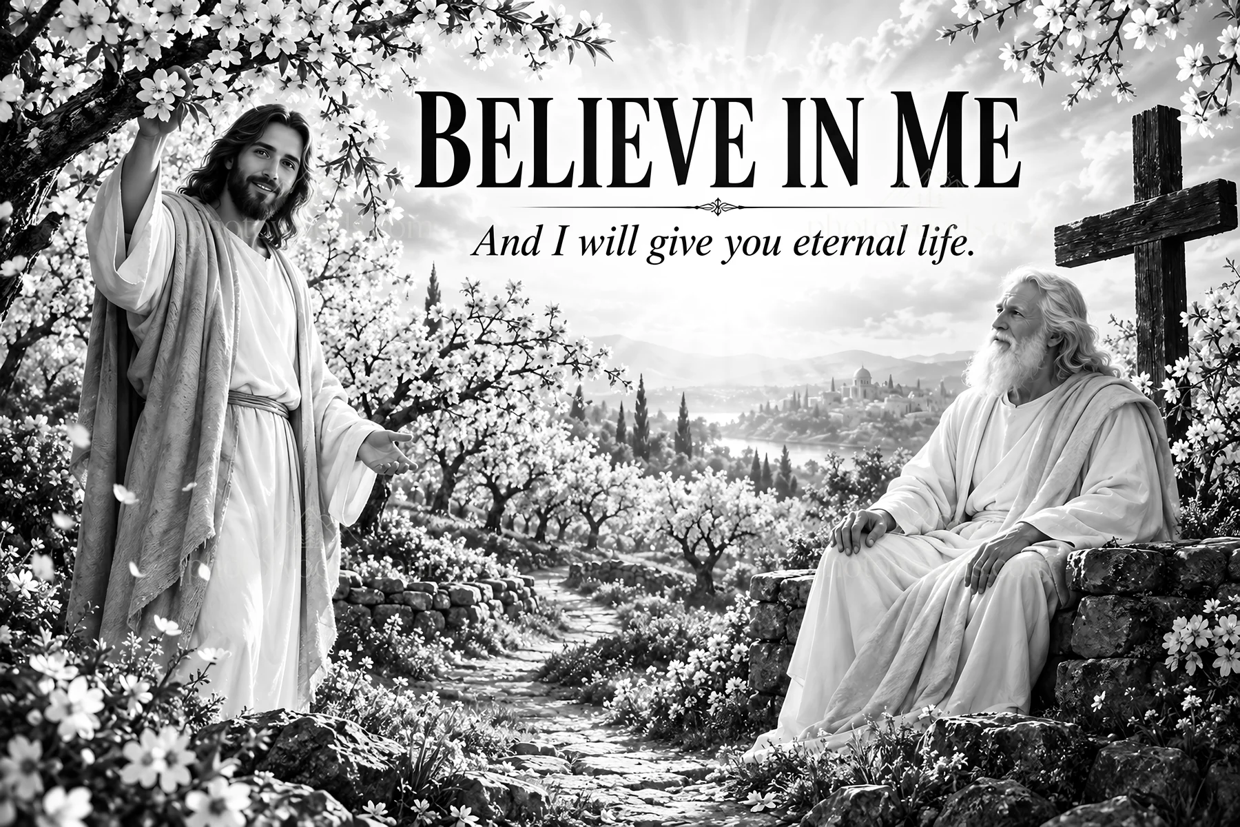 Jesus Christ offering hope to a man in a garden - AI-generated stock image