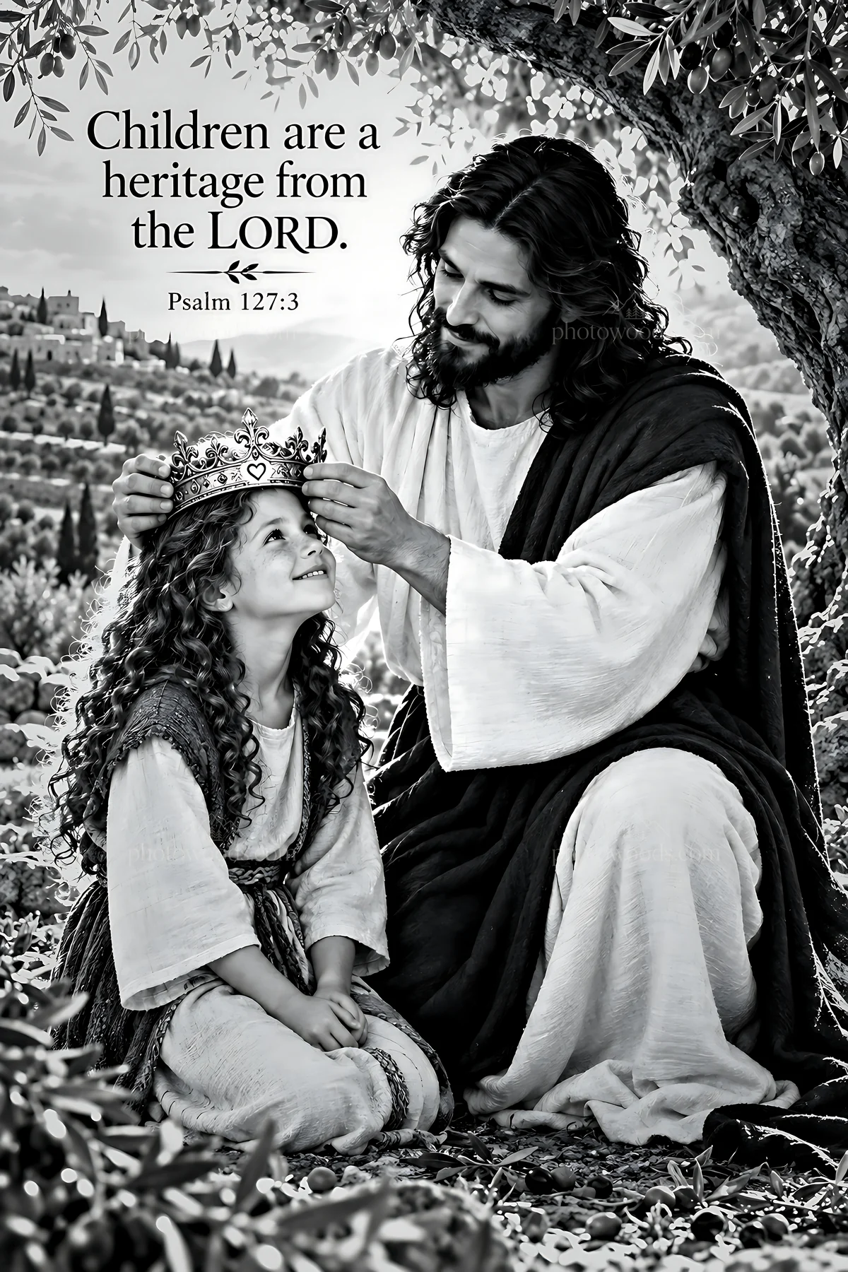 Children receive blessings in an olive grove - AI-generated stock image
