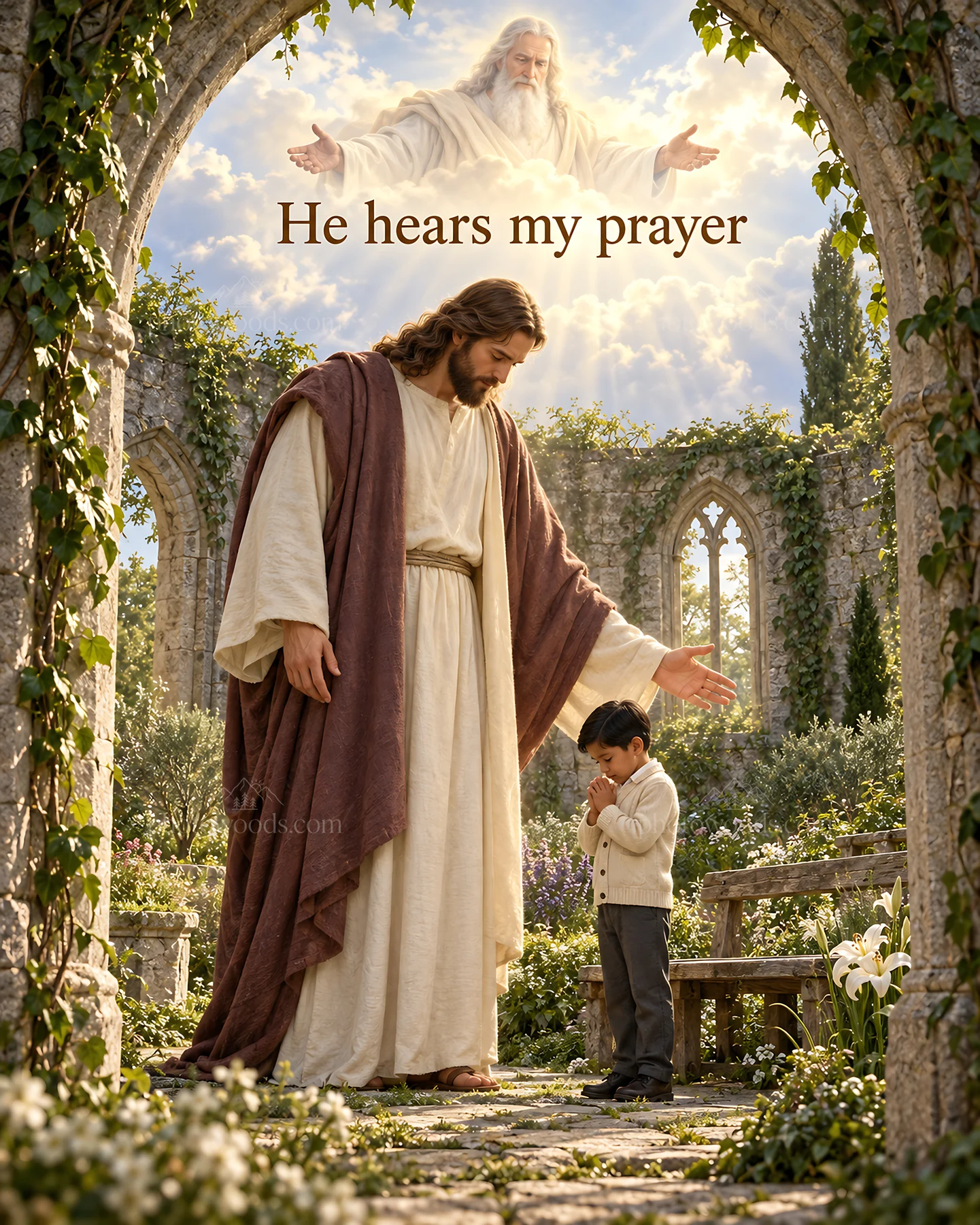 Jesus Christ comforting a child in a garden setting - AI-generated stock image