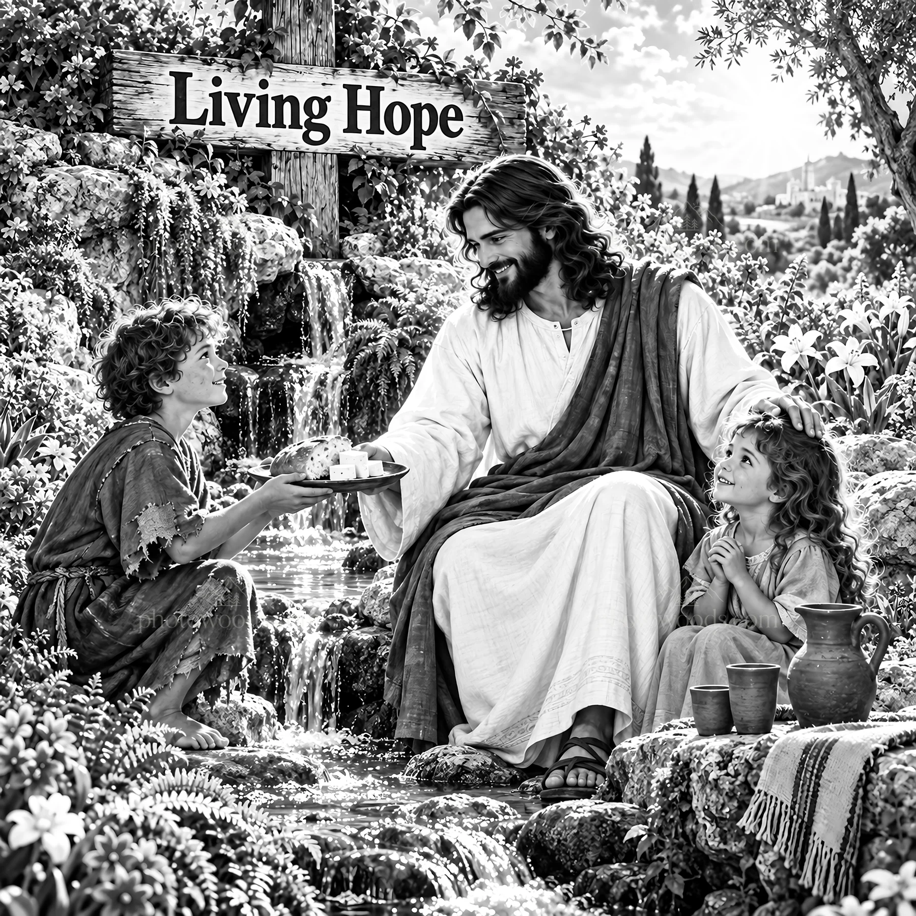 Jesus Christ sharing food with children by a stream - AI-generated stock image