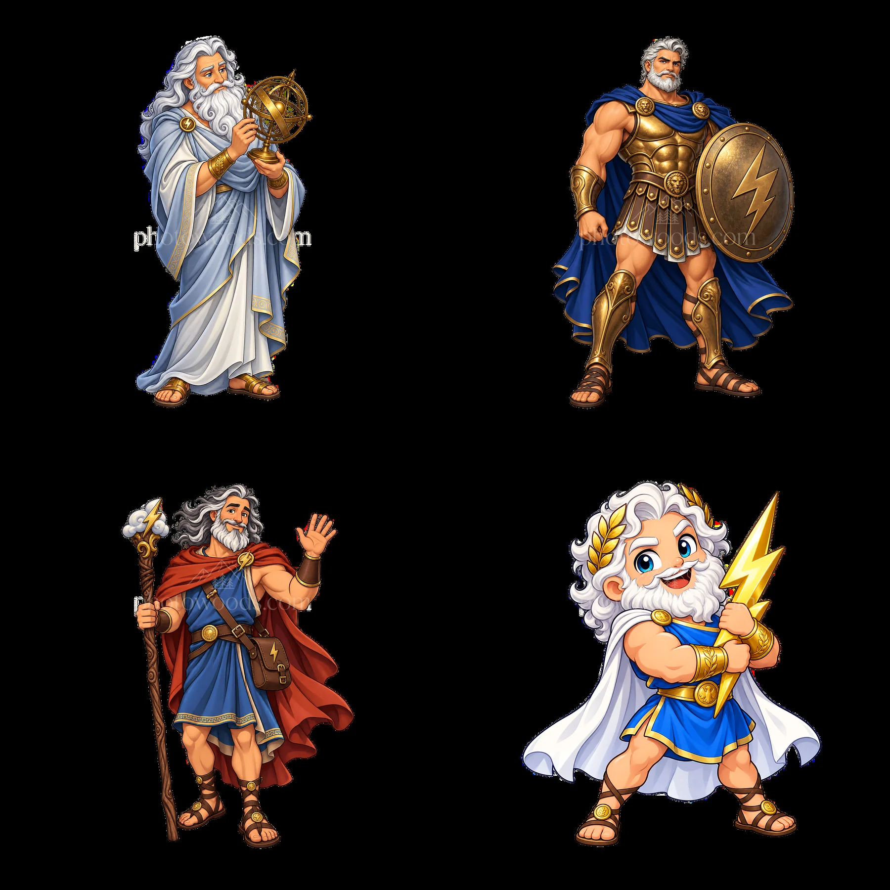 Zeus poses in four cartoon sticker illustrations - AI-generated stock image