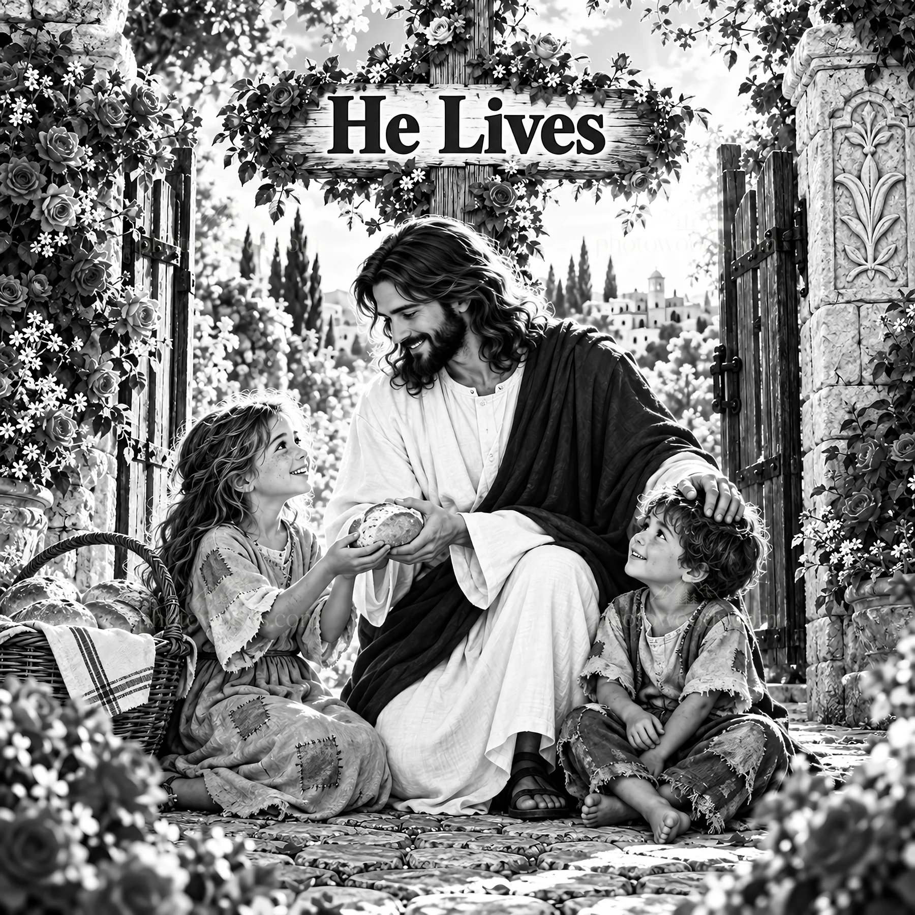 Jesus Christ sharing food with children - AI-generated stock image