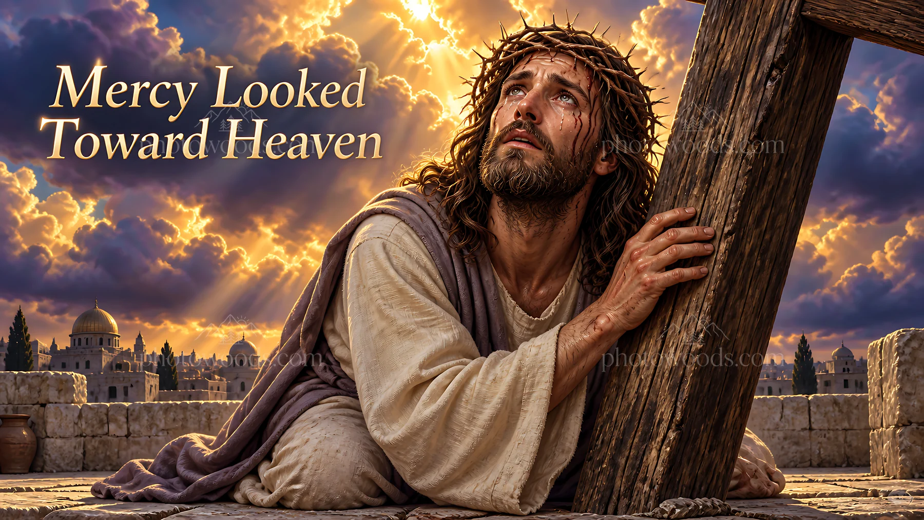 Mercy looked toward heaven with a wooden cross - AI-generated stock image