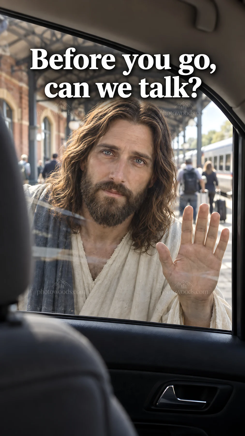 Jesus Christ reaching out to a traveler in a contemporary setting - AI-generated stock image