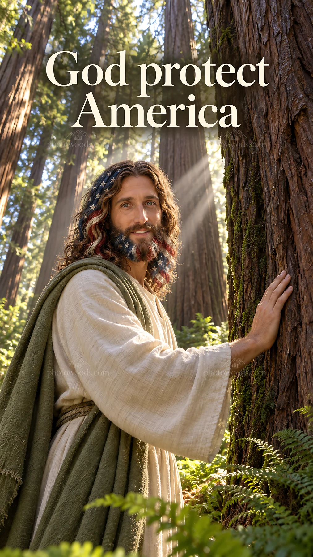 Jesus Christ offering comfort in a forest - AI-generated stock image