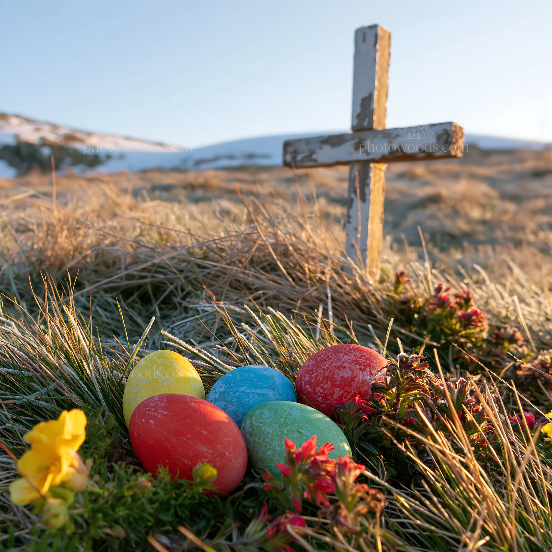 Whitewashed cross with Easter eggs in winter meadow - AI-generated stock image