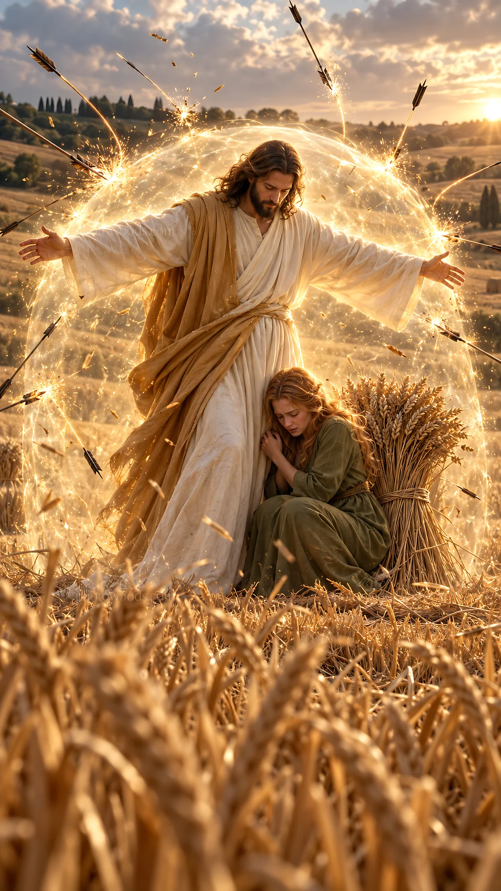 Jesus Christ comforts a woman in a golden wheat field - AI-generated stock image