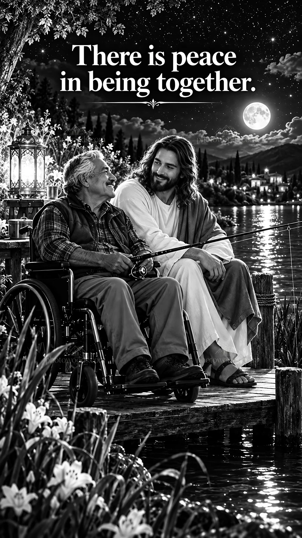 Jesus Christ sharing moments of comfort by the lakeside - AI-generated stock image