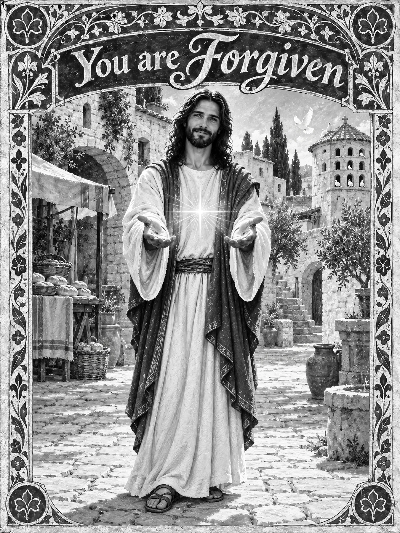 Jesus Christ offers forgiveness in a bustling market scene - AI-generated stock image
