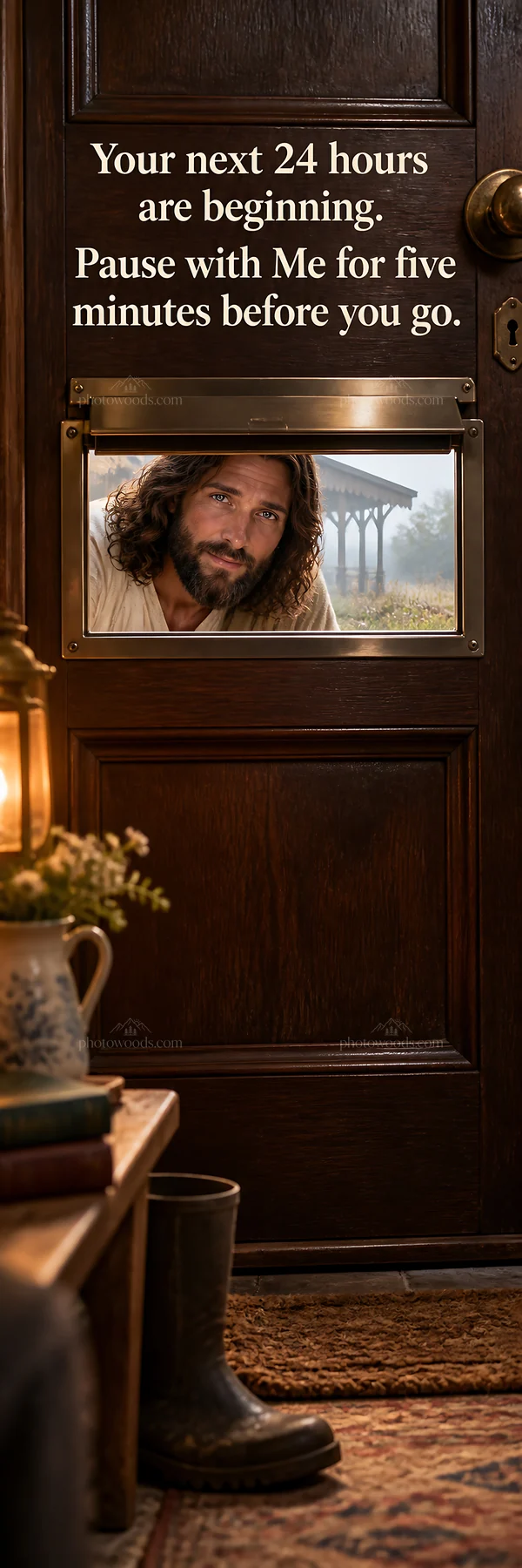 Jesus Christ inviting reflection through a door - AI-generated stock image