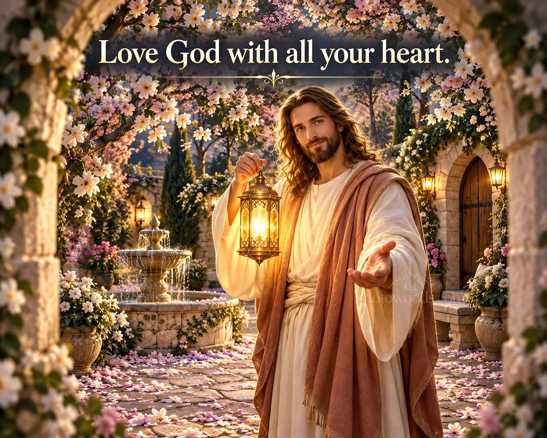 Jesus Christ welcoming with a lantern in a floral setting - AI-generated stock image