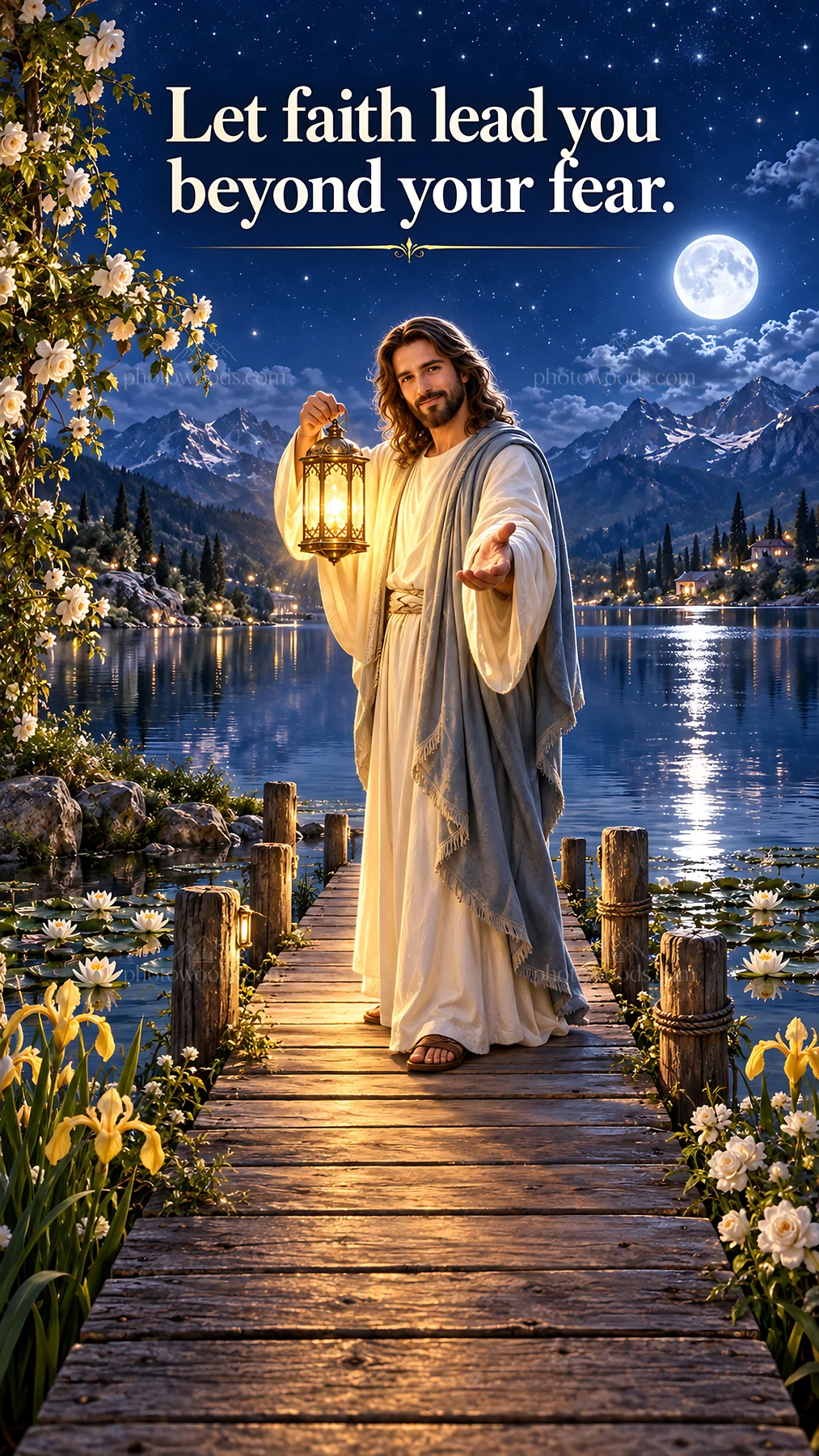 Jesus Christ guiding with a lantern on a lakeside path - AI-generated stock image