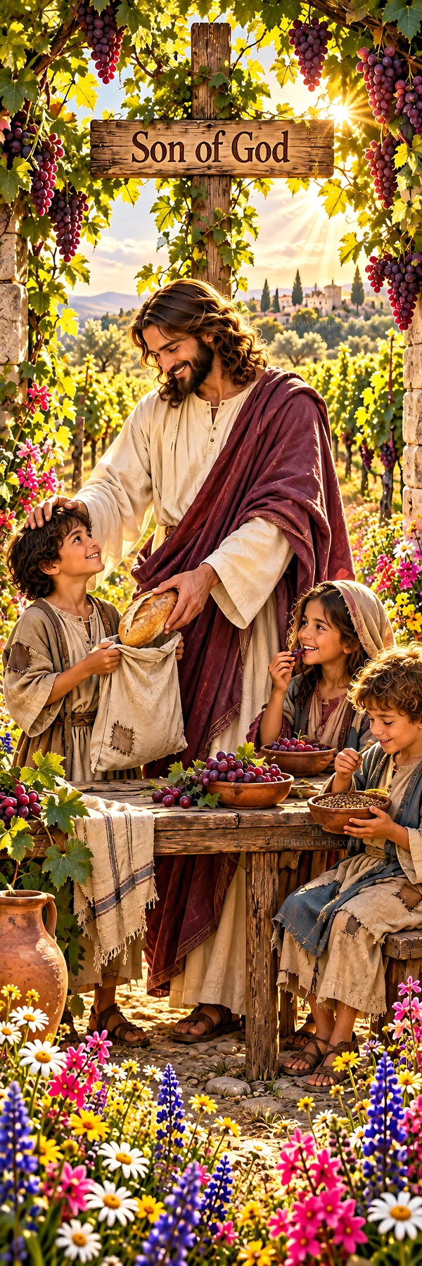 Jesus Christ sharing a meal with children in a vineyard - AI-generated stock image