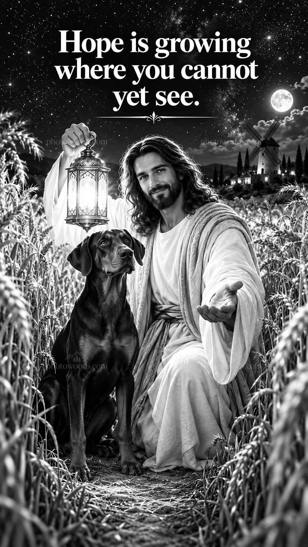 Jesus Christ guiding a dog in a wheat field - AI-generated stock image