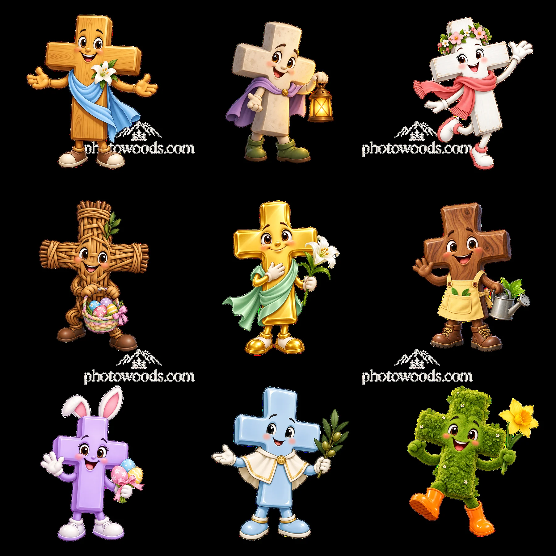 Colorful cartoon crosses celebrating Easter in a joyful layout - AI-generated stock image