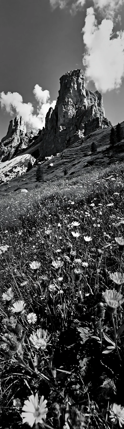 Black and white regenerative meadow with colorful wildflowers and mountains - AI-generated stock image