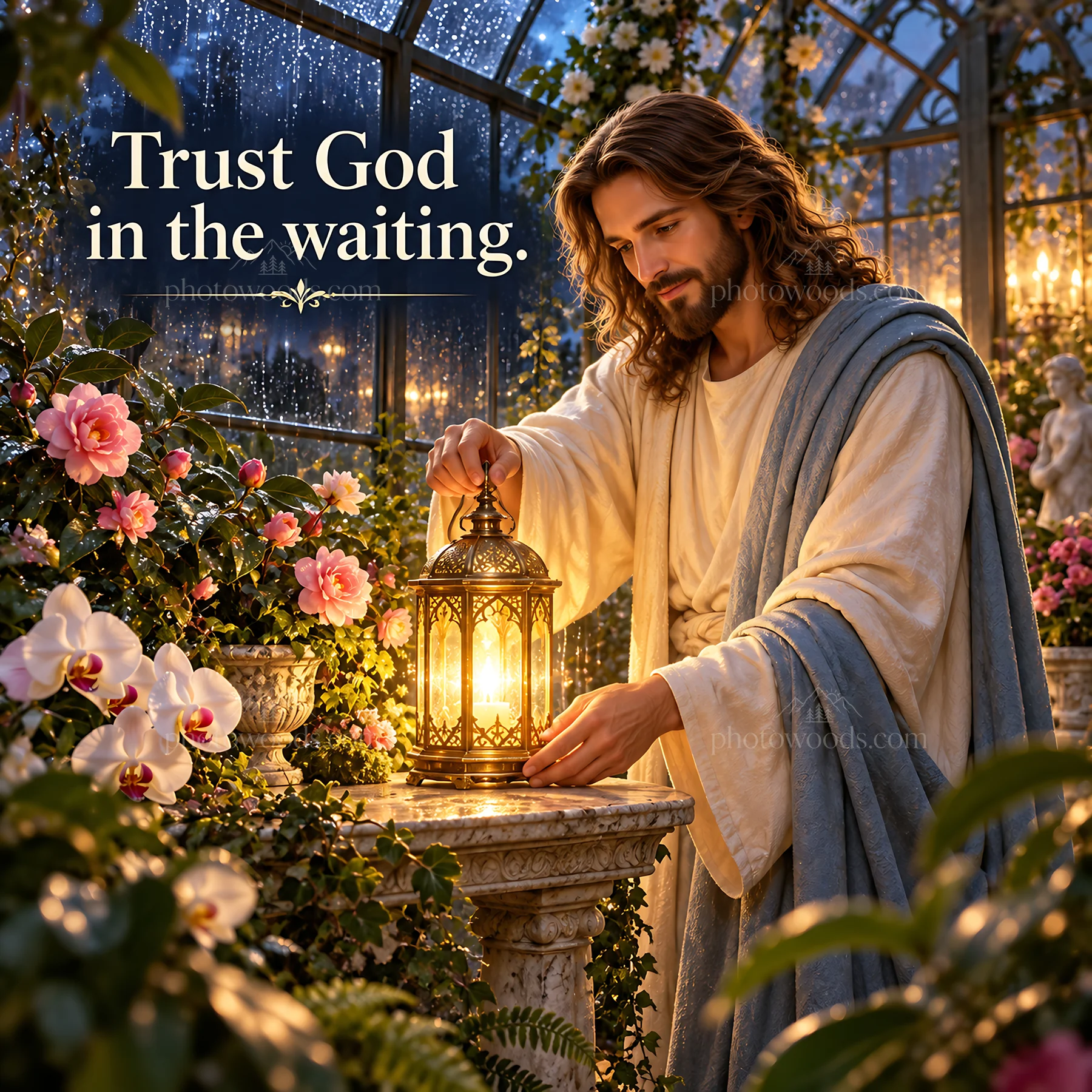 Jesus Christ lighting a lamp in a garden setting - AI-generated stock image