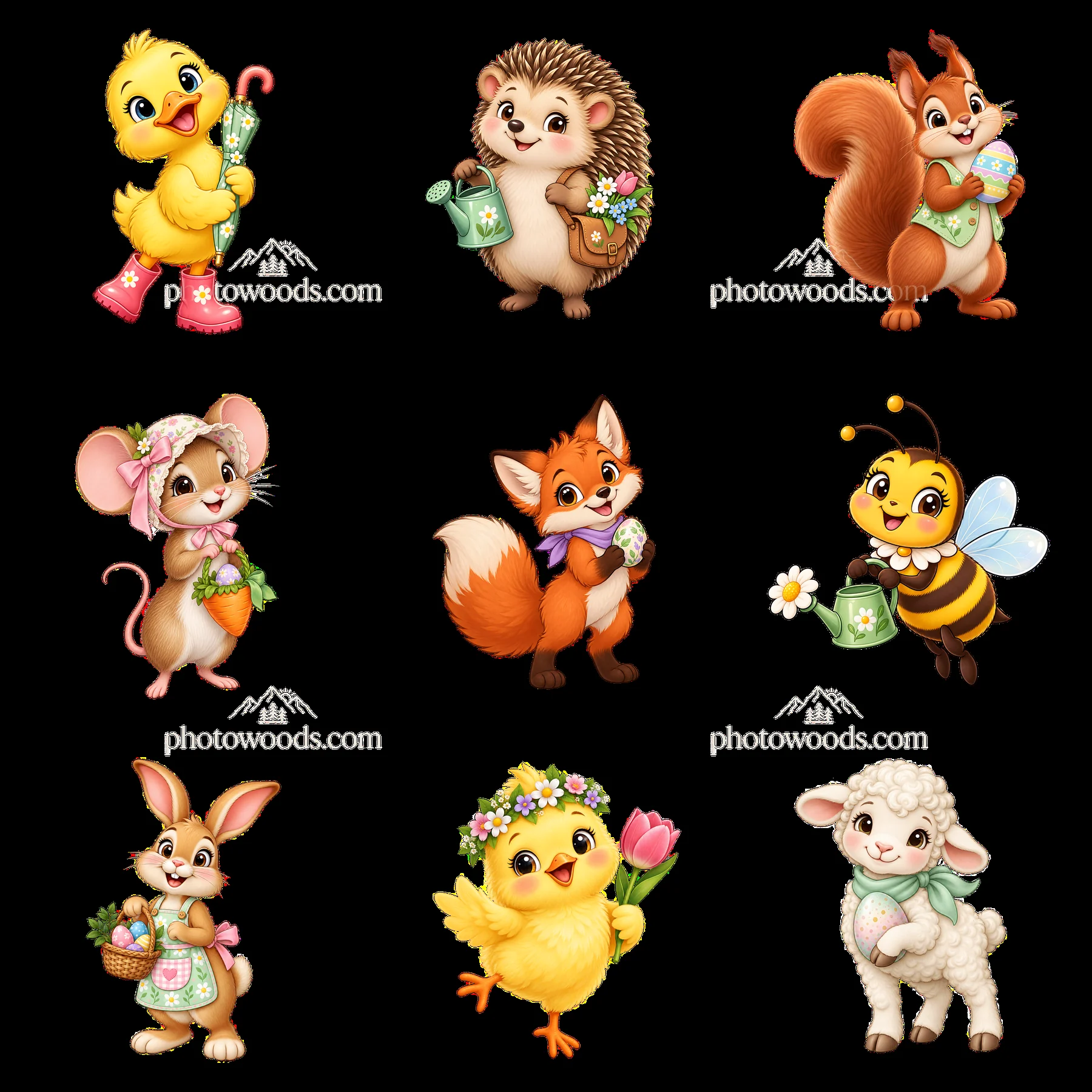 Colorful cartoon animals celebrating Easter in a meadow setting - AI-generated stock image