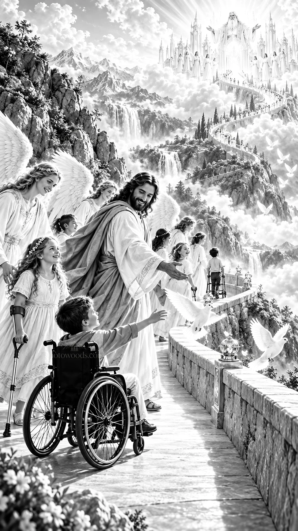 Jesus Christ guiding a child in a wheelchair towards heaven - AI-generated stock image