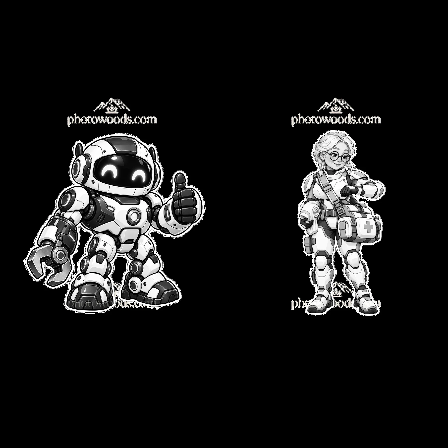 Futuristic kawaii super-soldiers with robot and medic character - AI-generated stock image