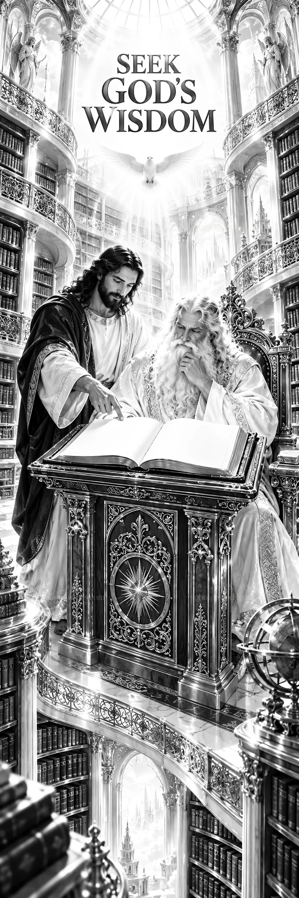 Jesus Christ teaches in a grand library setting - AI-generated stock image