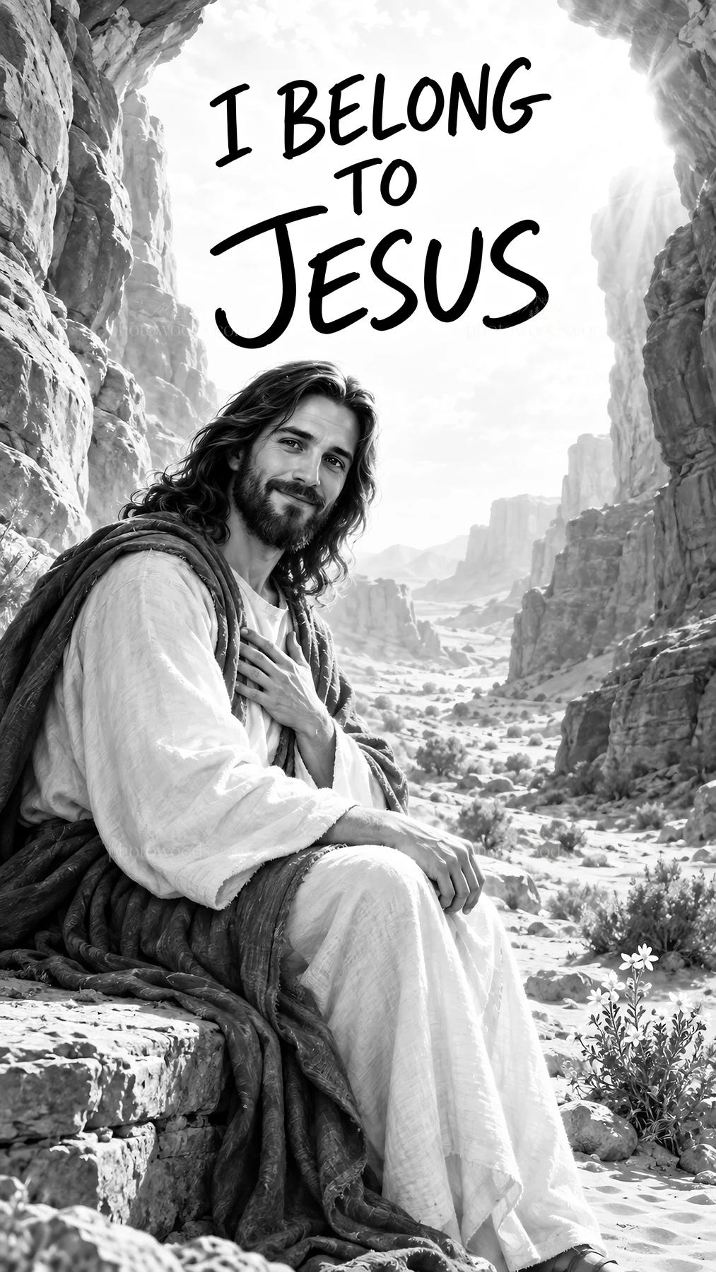 Jesus Christ sitting in a desert landscape with an open gesture - AI-generated stock image