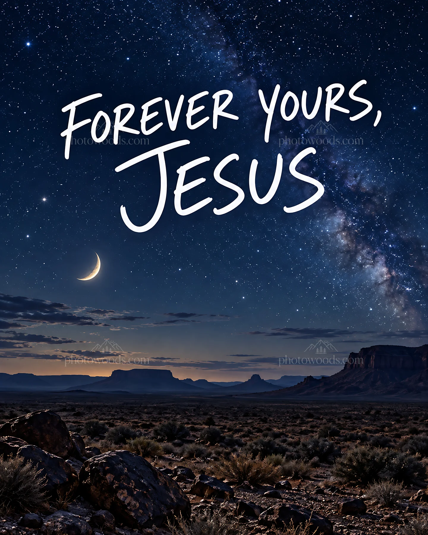 Jesus Christ in a night sky scene with stars and moon - AI-generated stock image