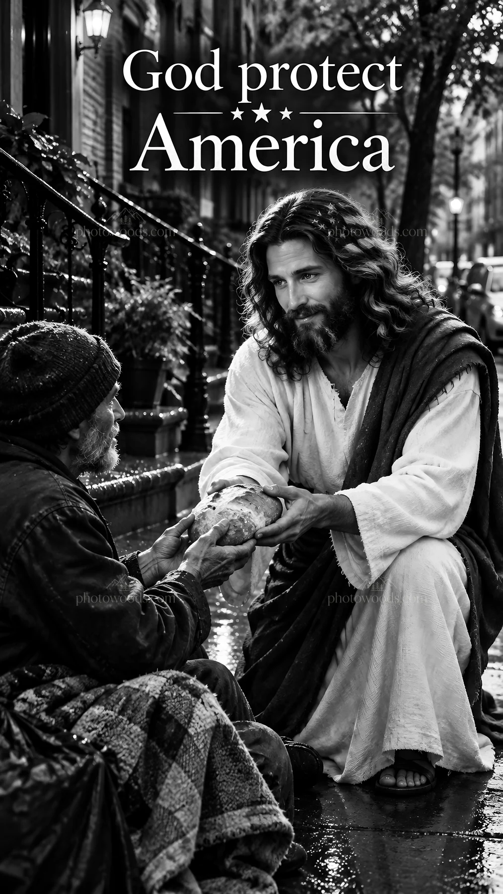 Jesus Christ comforts a suffering man on a city street - AI-generated stock image