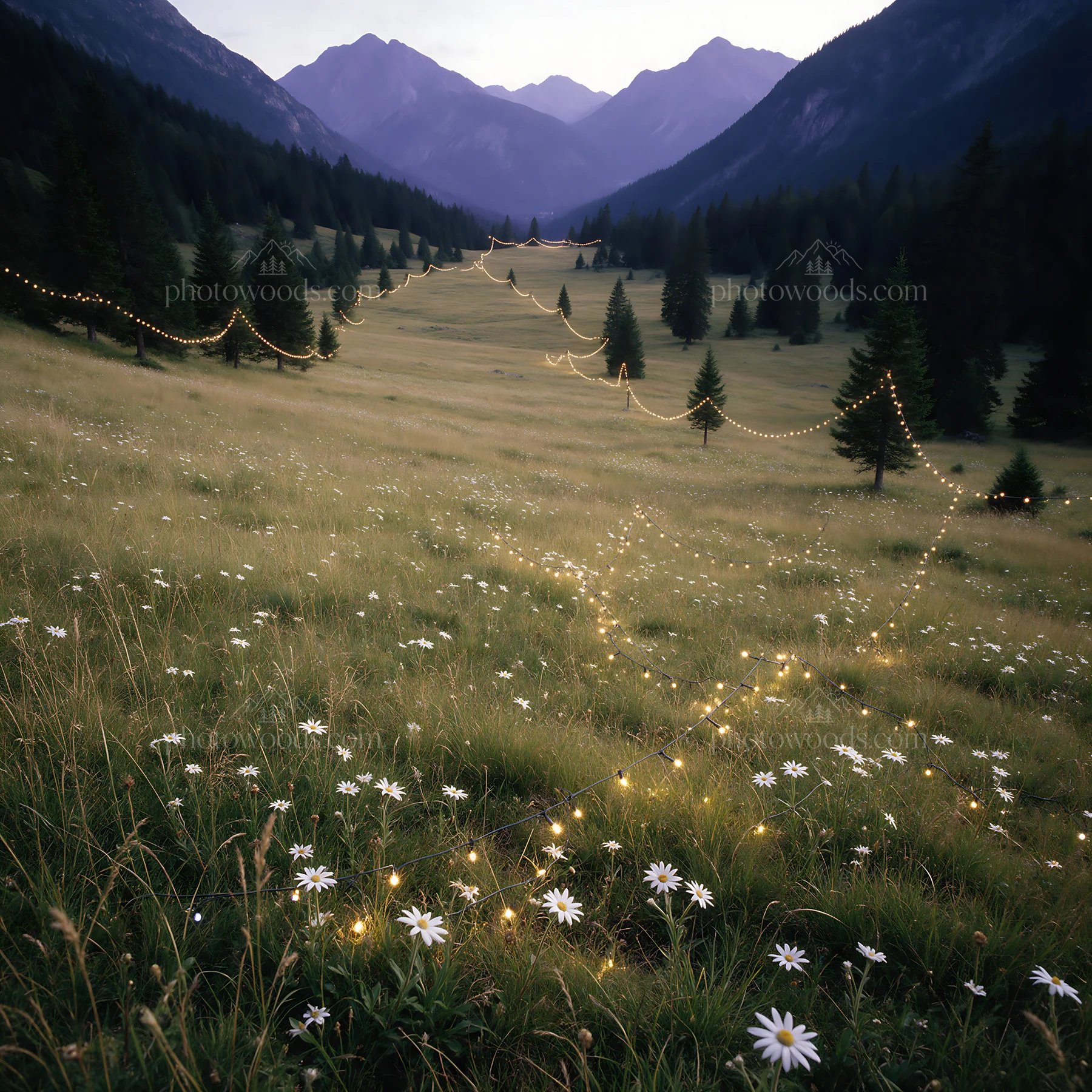 Warm lights across mountain valley meadow at dusk - AI-generated stock image