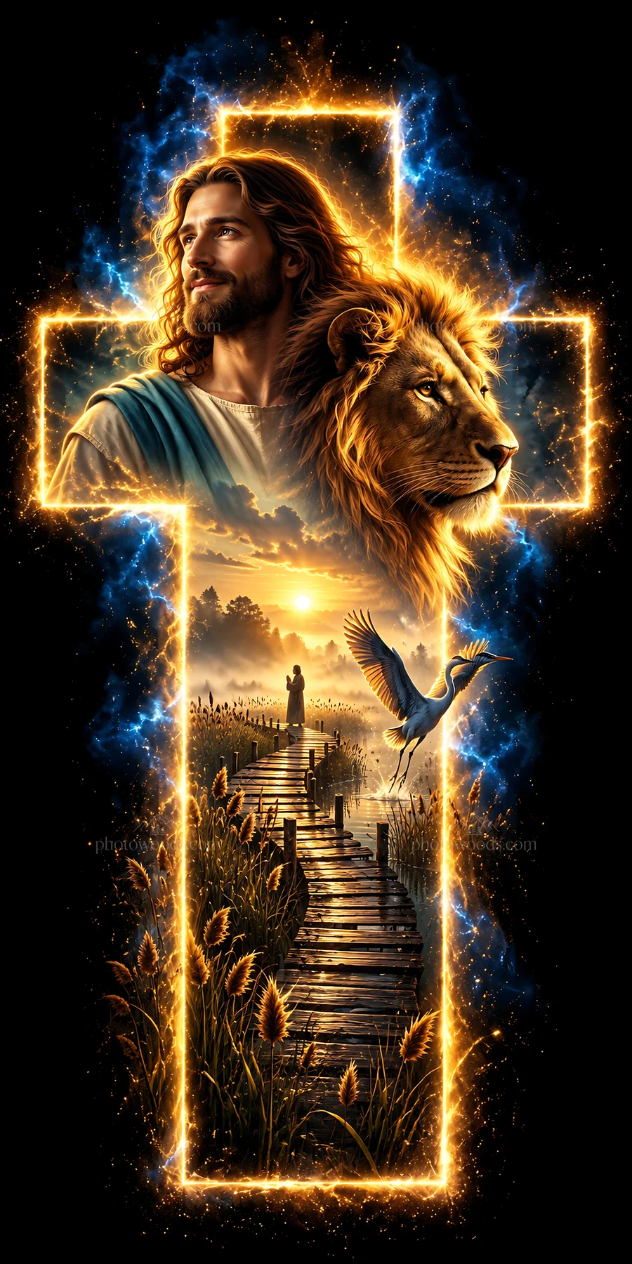Jesus Christ with lion and cross in a divine scenic setting - AI-generated stock image