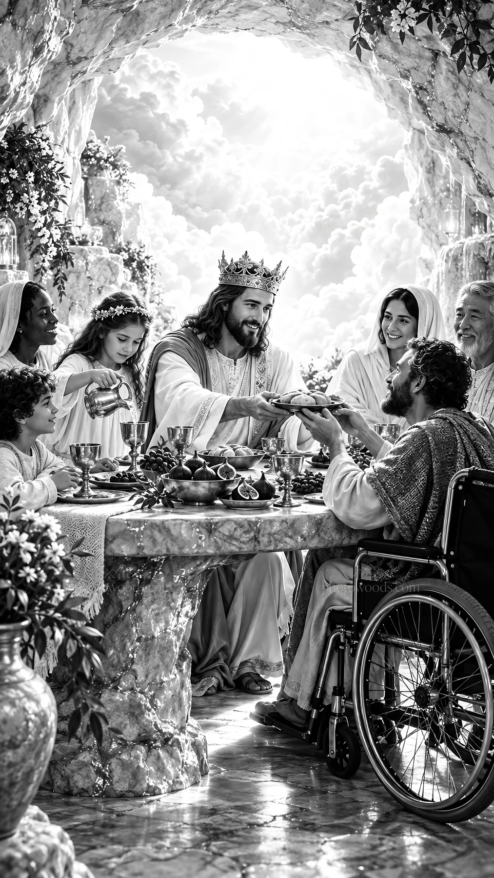 Jesus Christ sharing a meal with people in a garden setting - AI-generated stock image
