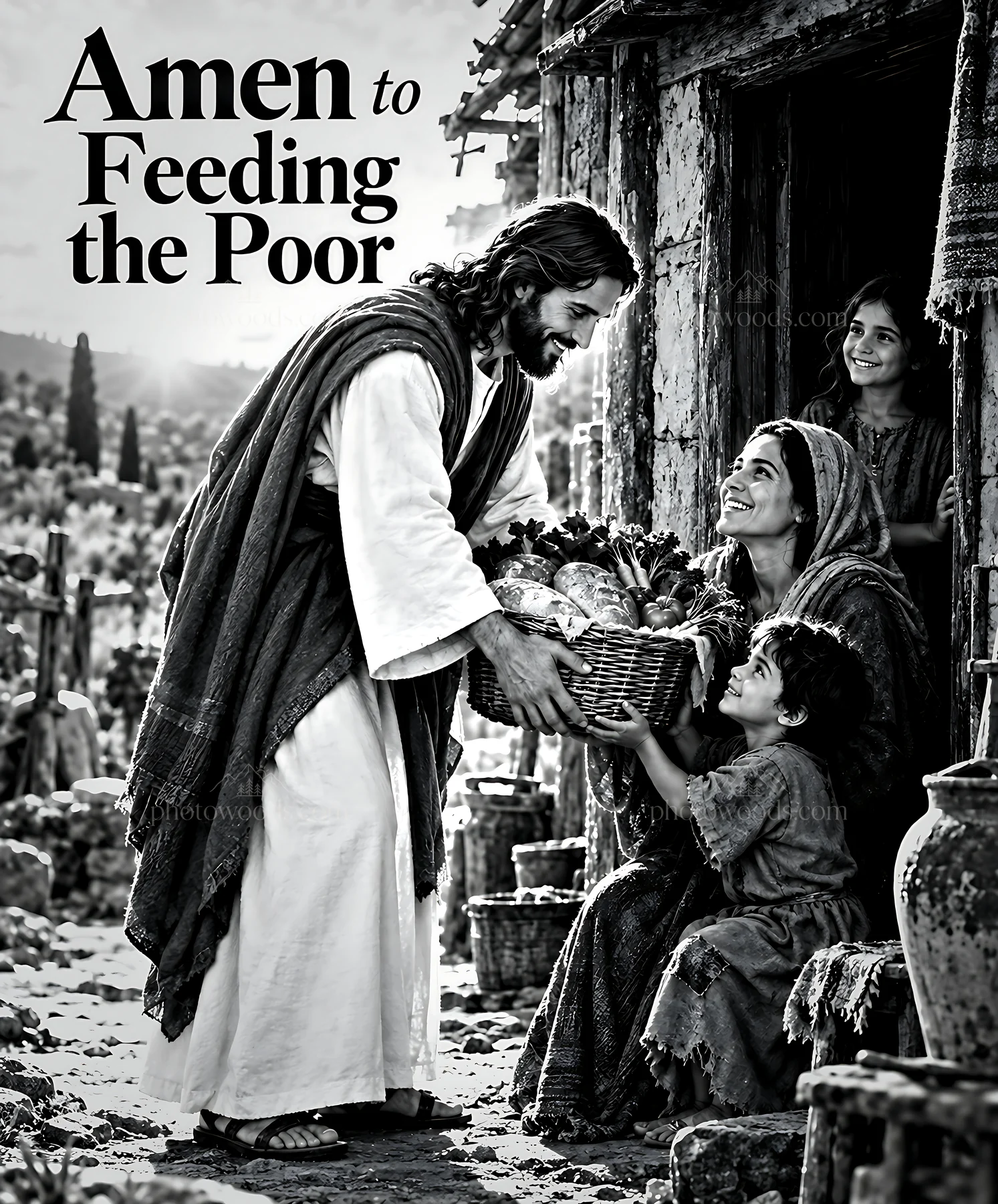 Bread at the door with people receiving food - AI-generated stock image