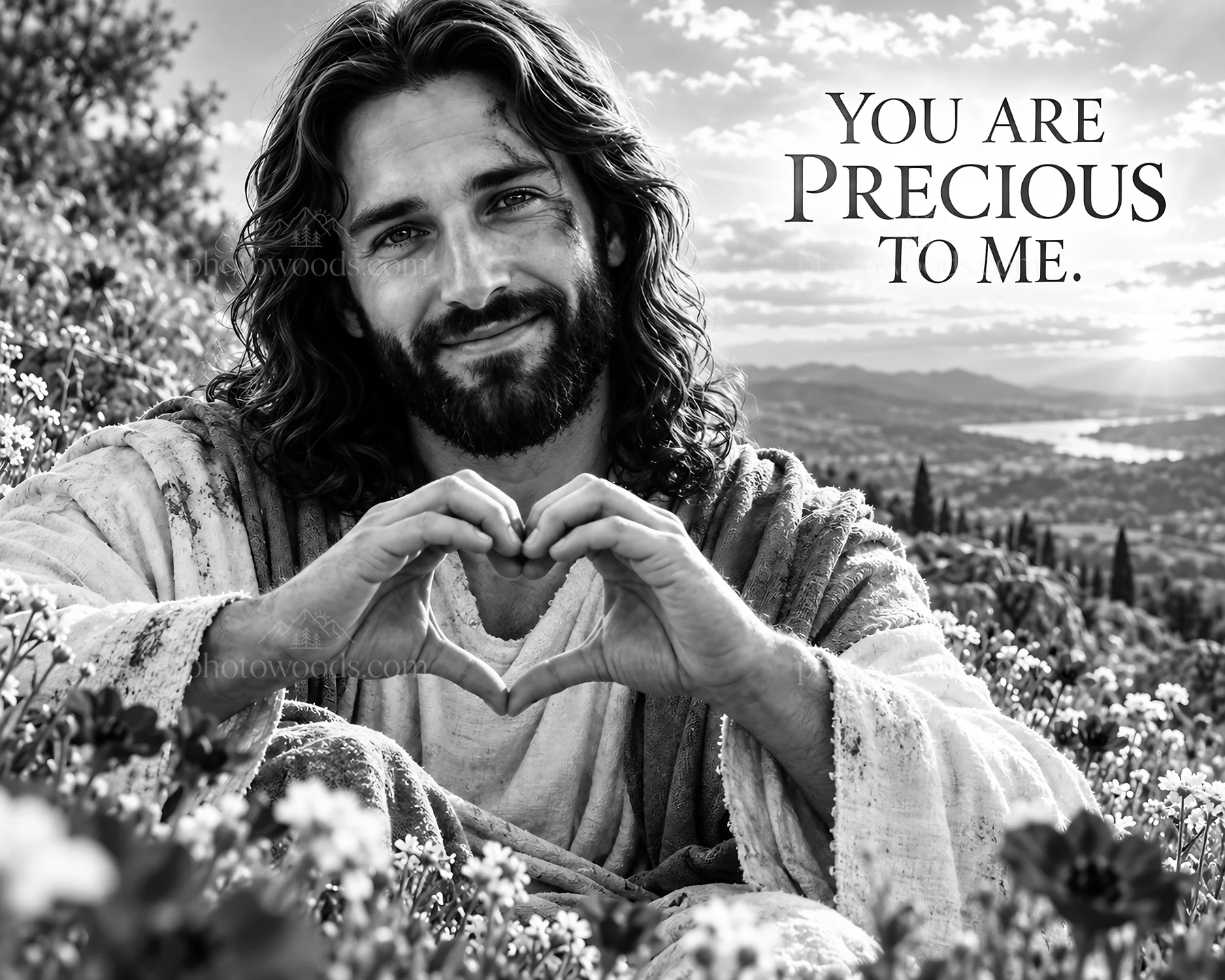 Jesus Christ showing love and care by forming a heart shape - AI-generated stock image