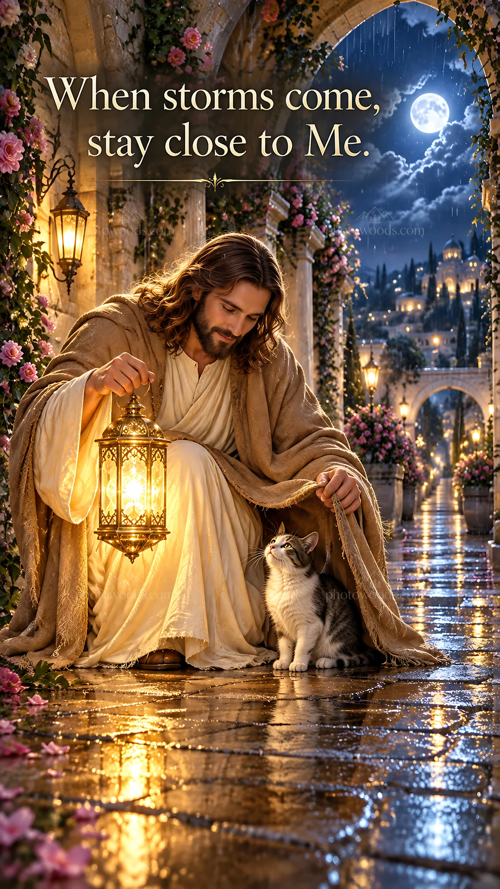 Jesus Christ comforting a cat with a lantern in the garden - AI-generated stock image
