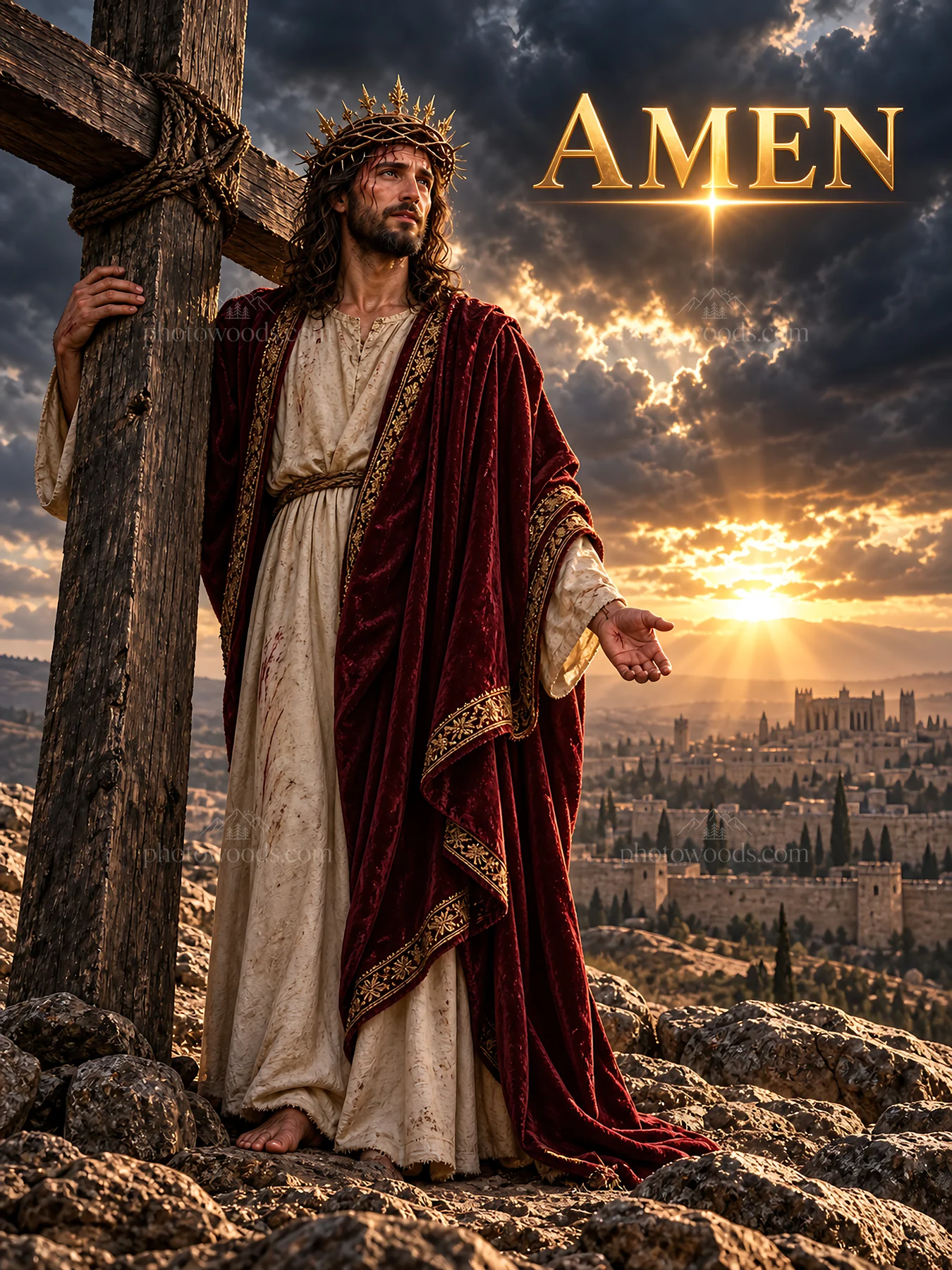 Jesus Christ stands by the cross with open arms - AI-generated stock image