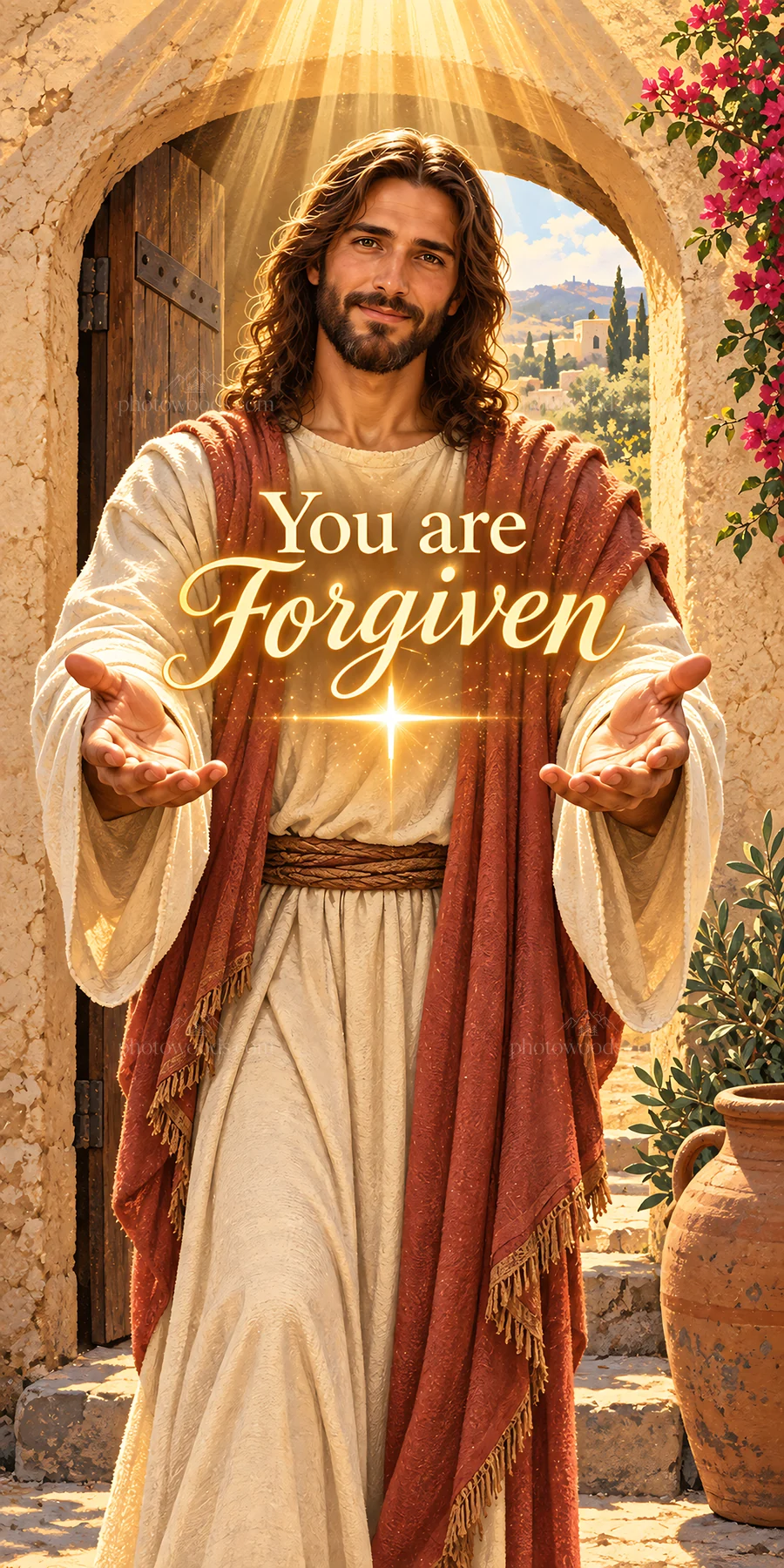 Jesus Christ offers forgiveness to viewers in a welcoming scene - AI-generated stock image