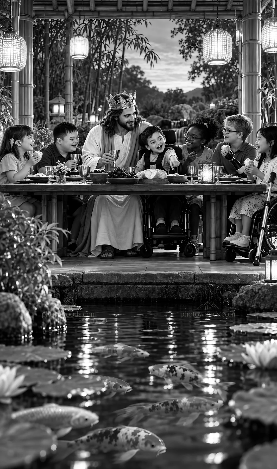 Jesus Christ sharing a meal with children and friends - AI-generated stock image