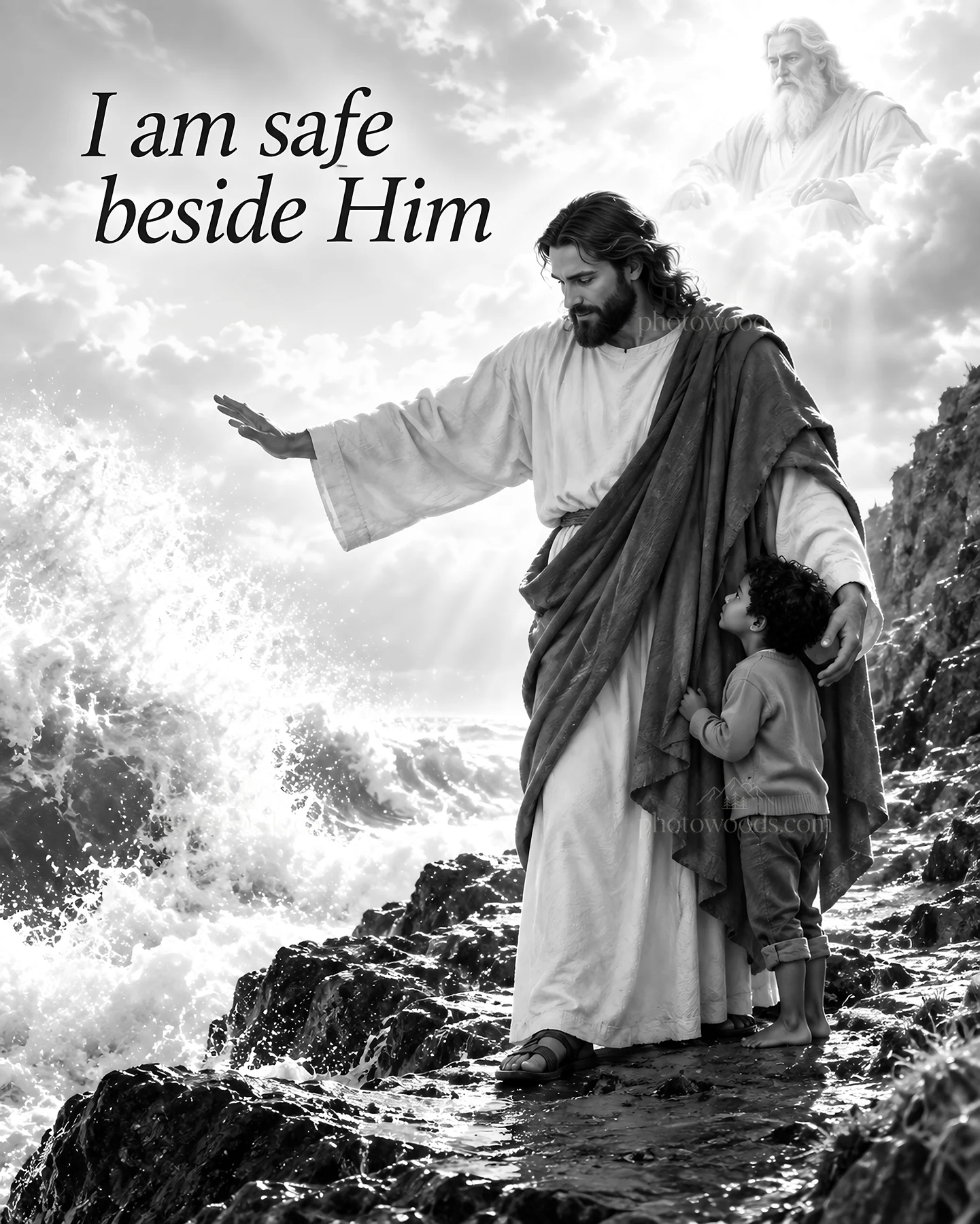Jesus Christ comforting a child by the sea - AI-generated stock image