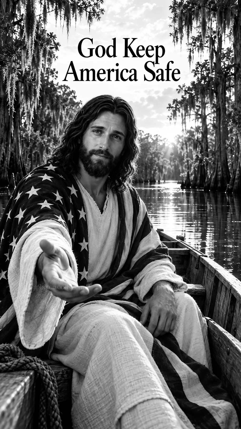 Jesus Christ reaching out in a boat on a river - AI-generated stock image